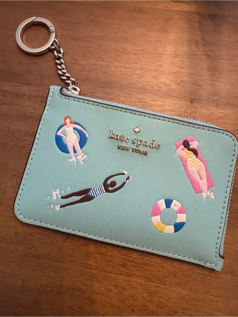 kate spade light blue leather zip key pouch with gold hardware